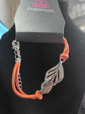 226# Paparazzi Orange Suede Bracelet with Silver Feather Accent